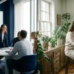 Split-screen image of a professional in a corporate office and a home office, representing W-2 and 1099 work styles.