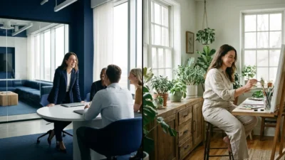 Split-screen image of a professional in a corporate office and a home office, representing W-2 and 1099 work styles.