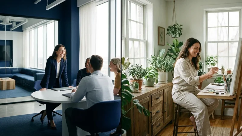 Split-screen image of a professional in a corporate office and a home office, representing W-2 and 1099 work styles.