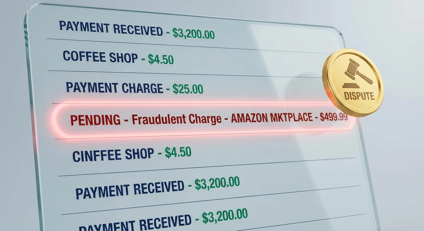 3D bank transaction list with one line highlighted in red and a gold dispute icon.