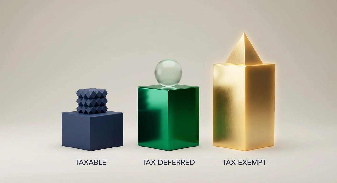 Three 3D pedestals in navy, emerald, and gold representing taxable, tax-deferred, and tax-exempt investment accounts.
