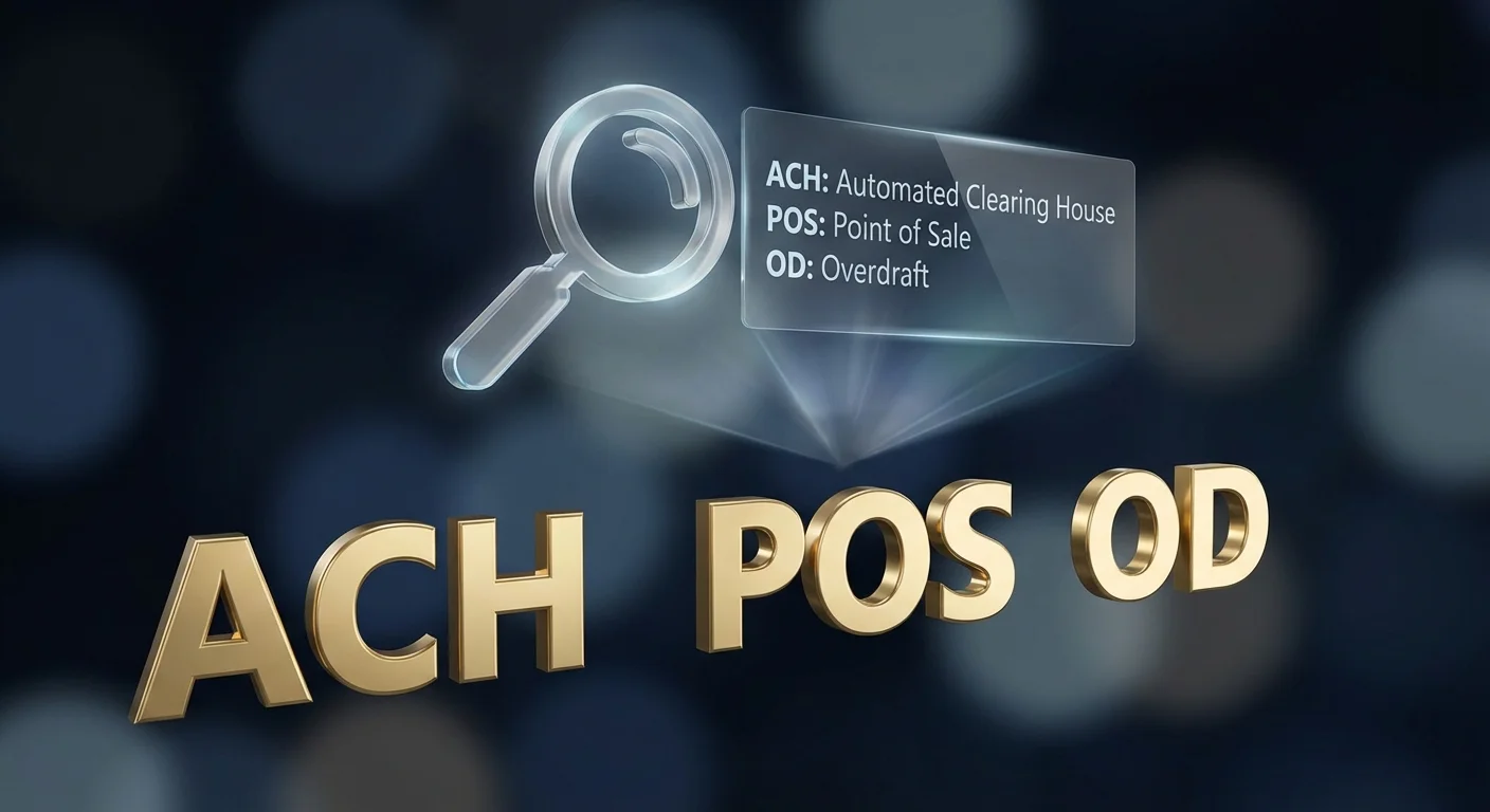3D gold acronyms like ACH and POS being inspected by a digital magnifying glass.
