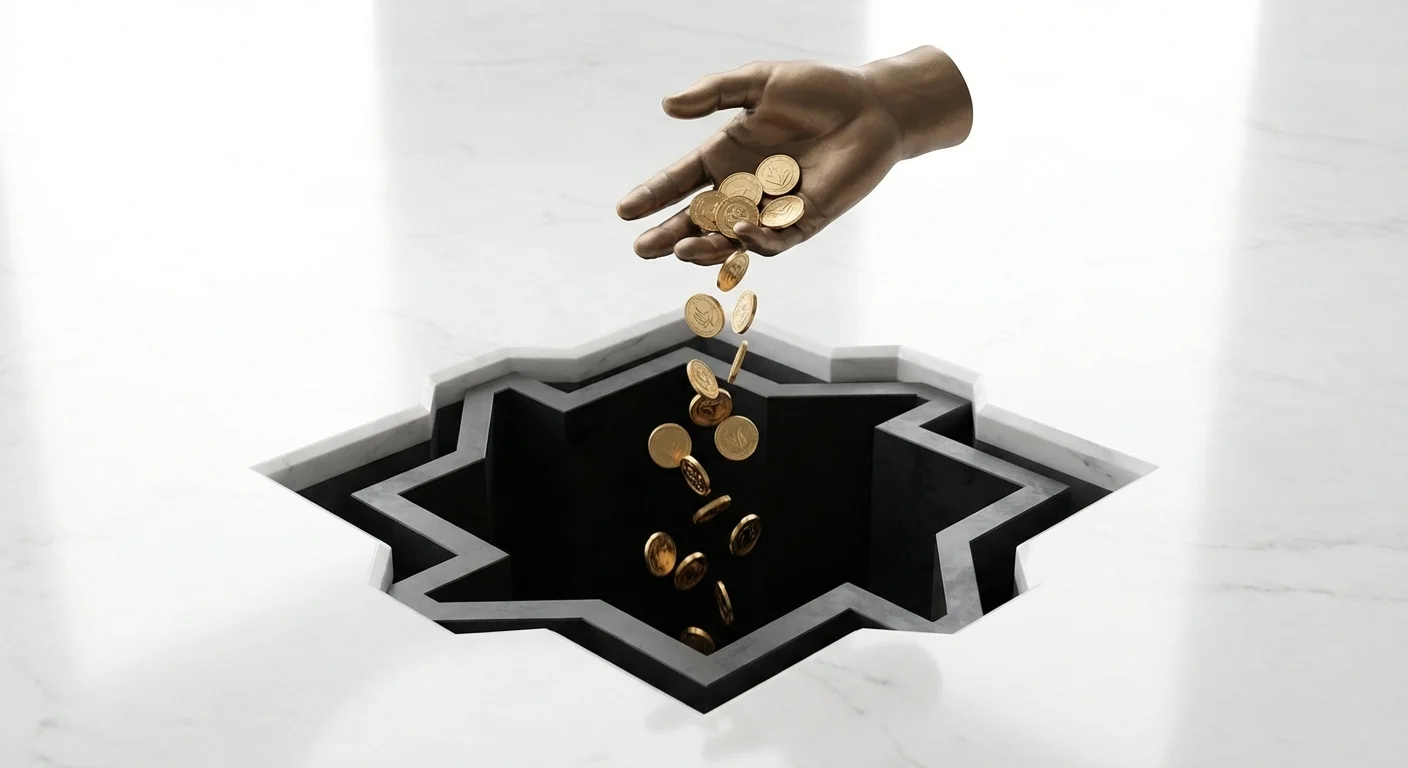 3D gold coins falling into a dark void, representing the futility of the sunk cost fallacy.