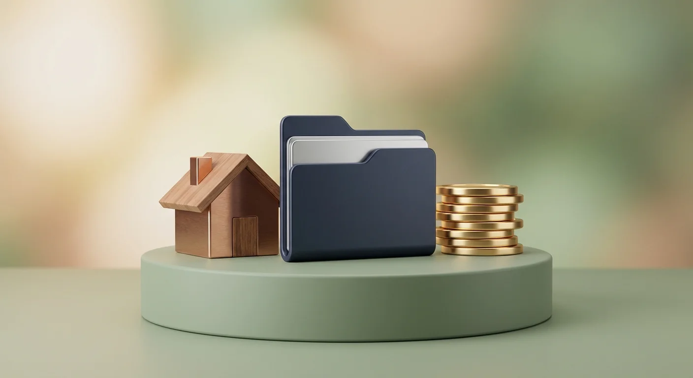3D icons of a house and gold coins on a green pedestal, representing financial assets.