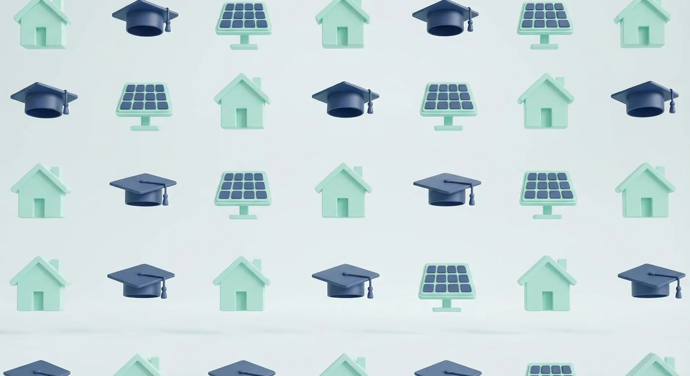 3D icons representing home, education, and energy credits in a clean grid.