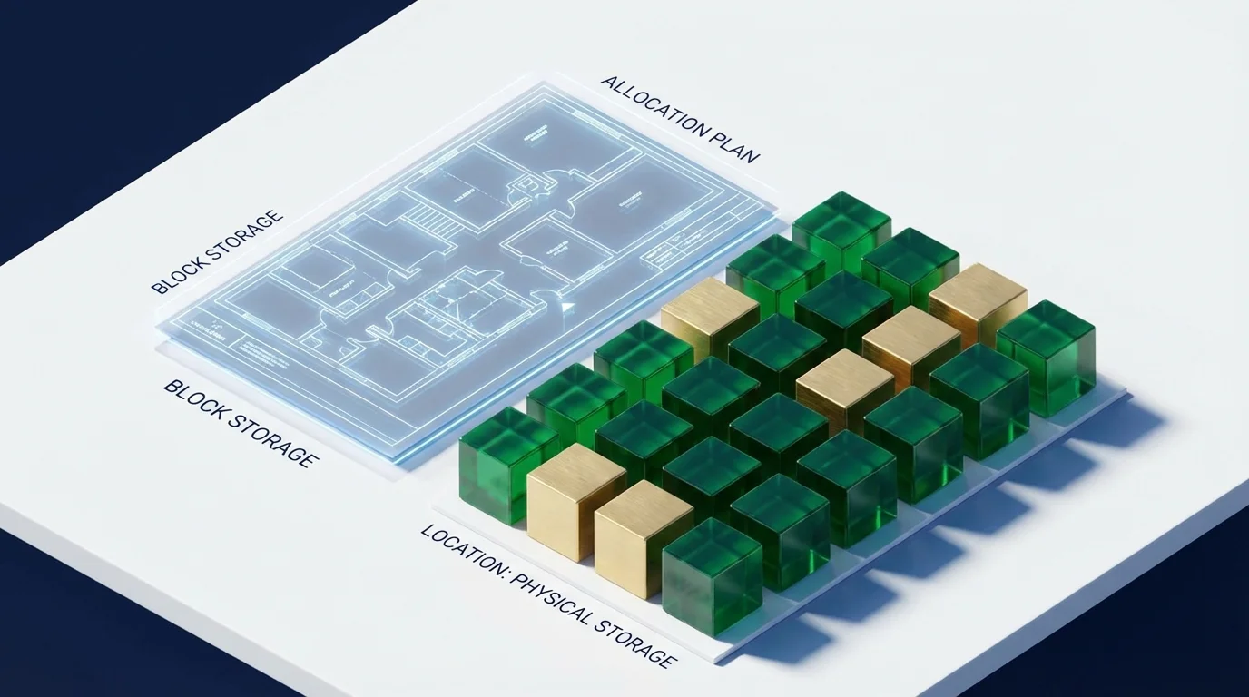 A 3D comparison of a structural blueprint next to physical storage blocks, illustrating the difference between allocation and location.