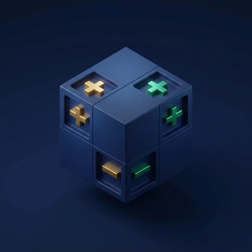 3D isometric view of a glowing financial summary box with gold and green symbols.