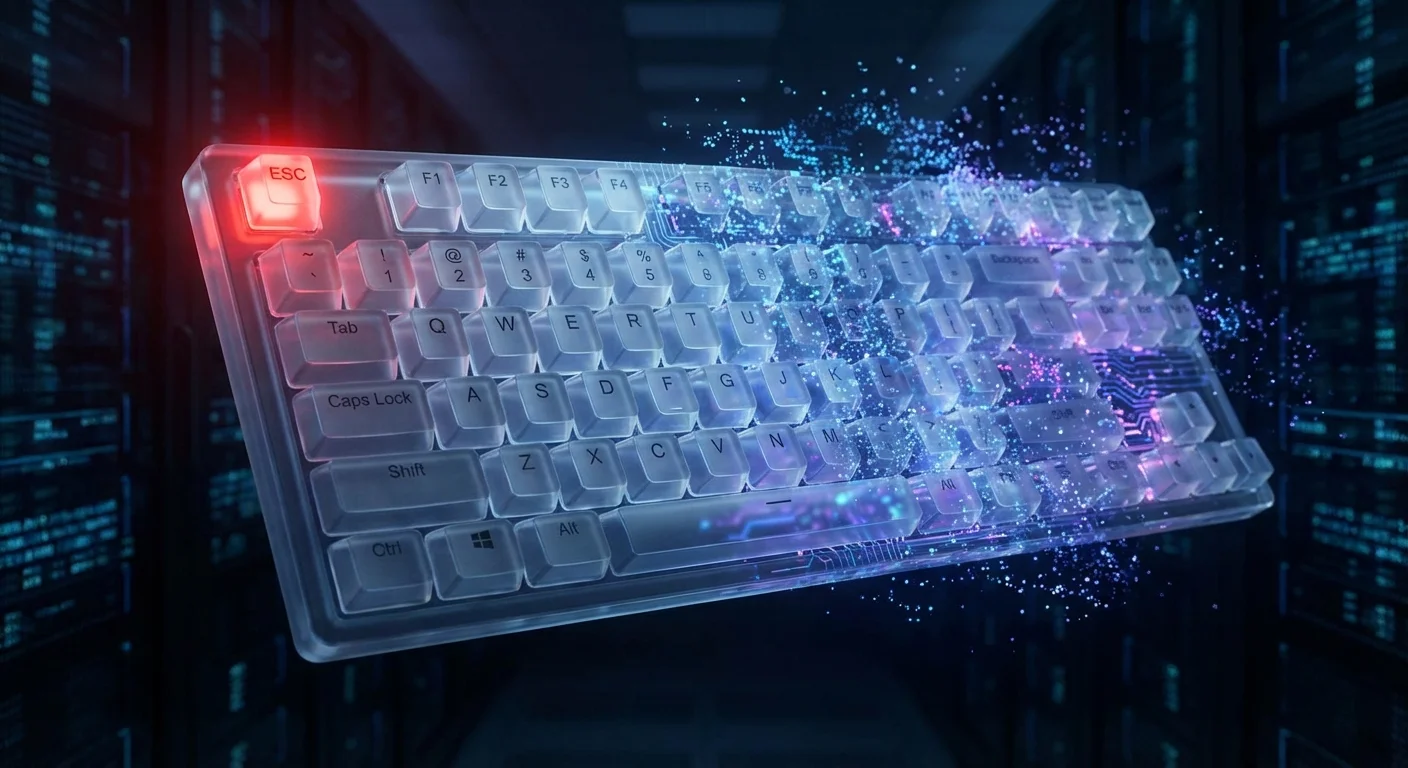 3D keyboard with keys dissolving, highlighting the fragility of traditional passwords.