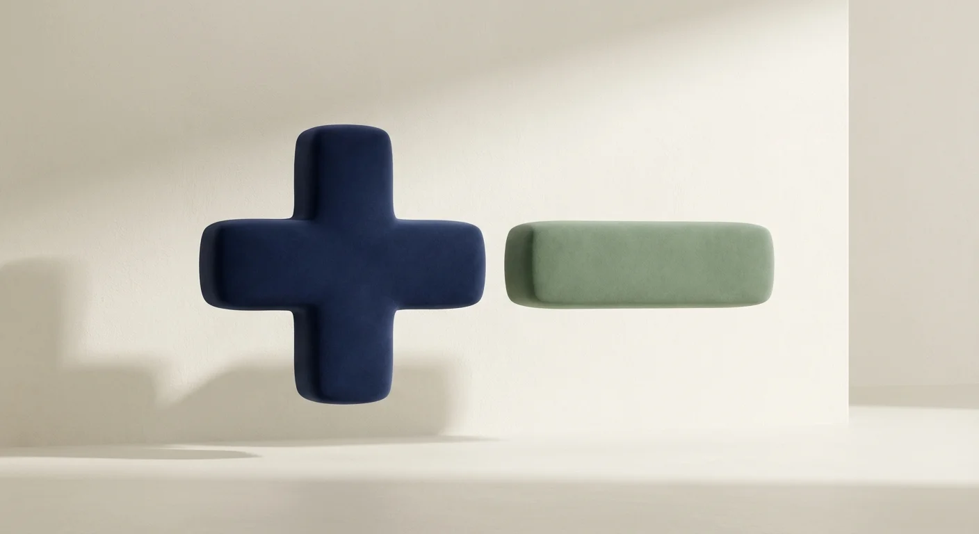 3D plus and minus symbols in sage green and navy blue, representing the net worth formula.