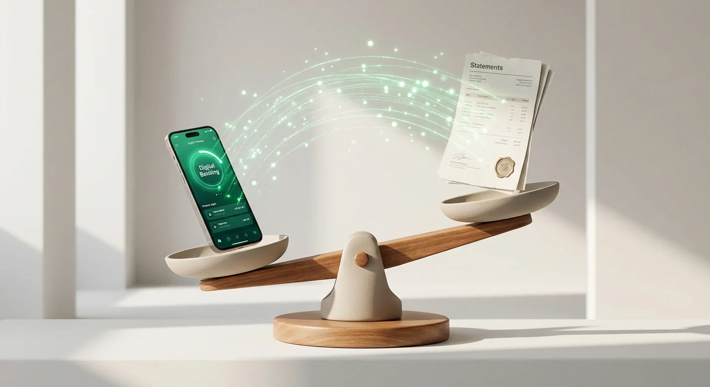 3D scale balancing a smartphone and a paper bank statement with glowing data streams.