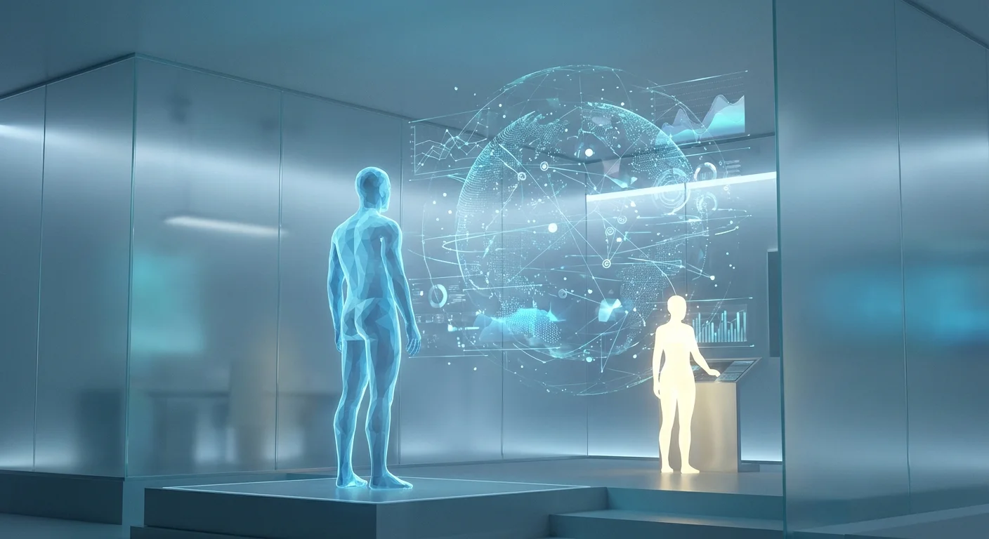 3D silhouette consulting a digital expert figure in a complex data environment.