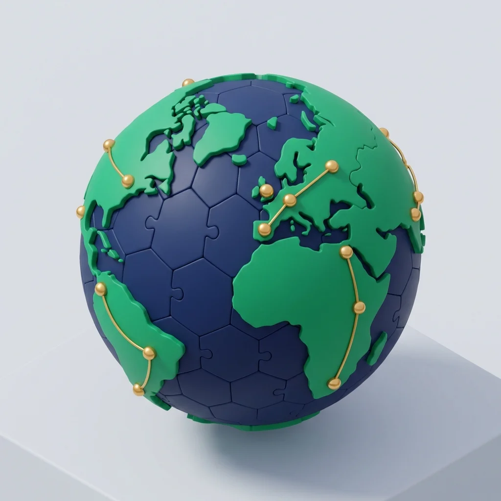 A stylized 3D globe with emerald and navy segments, representing international stock placement and tax credits.