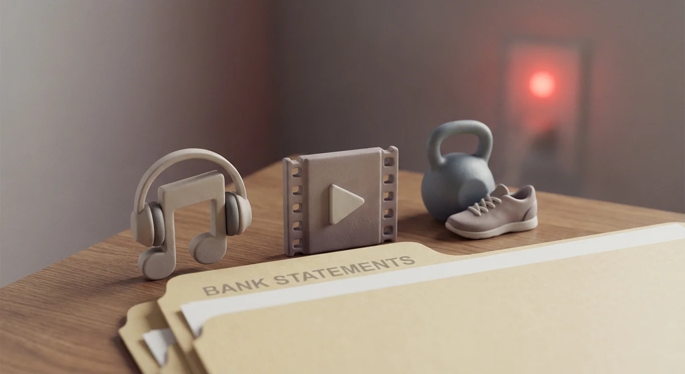 3D subscription icons peeking from behind bank statements with a subtle red warning glow.