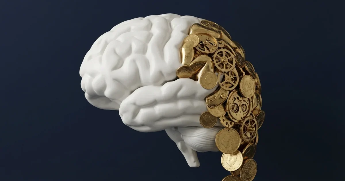 A stylized 3D brain merging with gold coins, representing the intersection of psychology and personal finance.