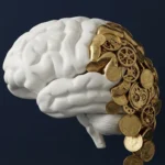 A stylized 3D brain merging with gold coins, representing the intersection of psychology and personal finance.