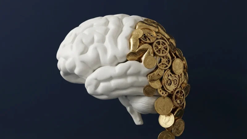 A stylized 3D brain merging with gold coins, representing the intersection of psychology and personal finance.