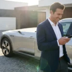 A professional checking their phone next to a modern car in a sunny driveway, representing auto insurance management.