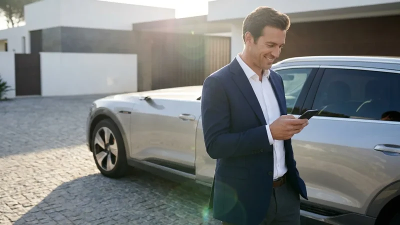 A professional checking their phone next to a modern car in a sunny driveway, representing auto insurance management.