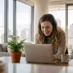 A young woman working confidently on her laptop in a sunlit, modern apartment.