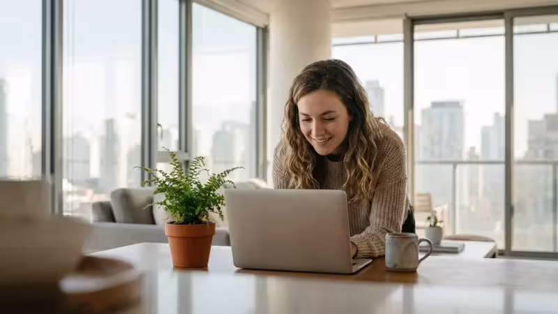 A young woman working confidently on her laptop in a sunlit, modern apartment.