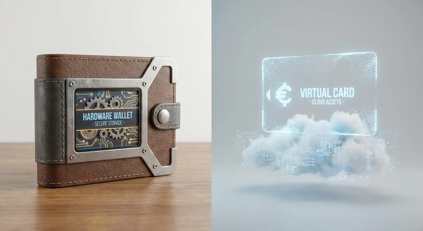 A 3D digital wallet next to a shimmering virtual card for visual comparison.