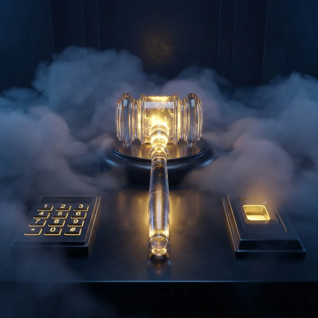 A 3D gavel positioned between a keypad and a biometric scanner to represent legal differences.