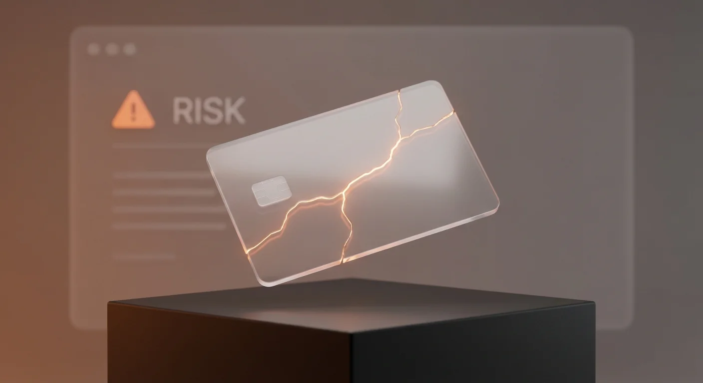 A 3D glass credit card with a small crack highlighted by an amber light.