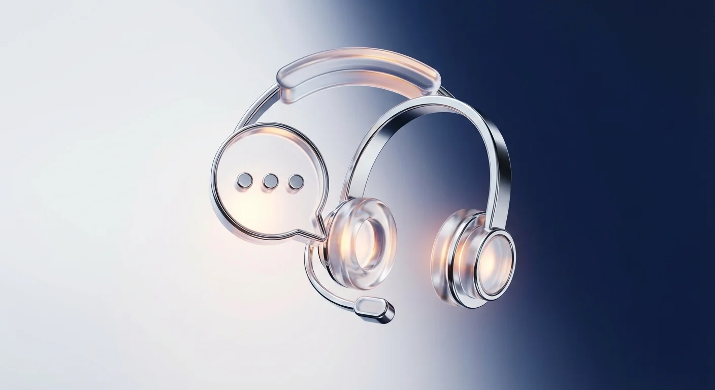 A 3D glass headset and chat bubble icon representing professional support.