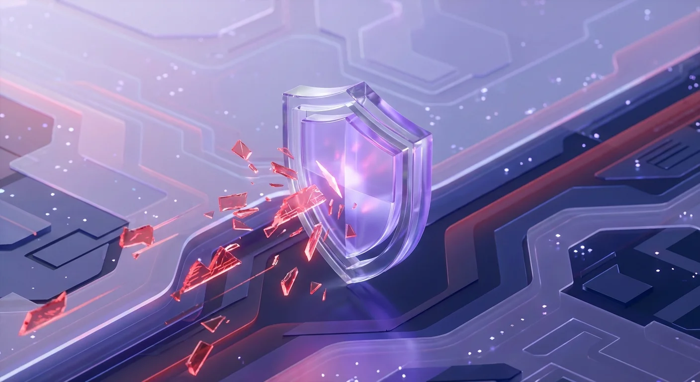 A 3D glass shield blocking red geometric shapes on a dark blue background.