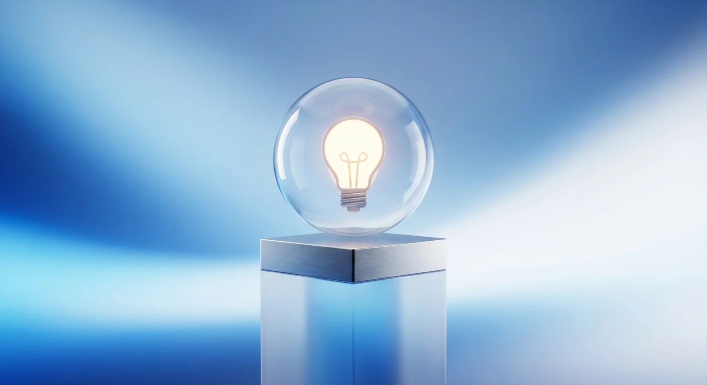 A 3D glowing lightbulb inside a glass sphere on a minimalist podium.