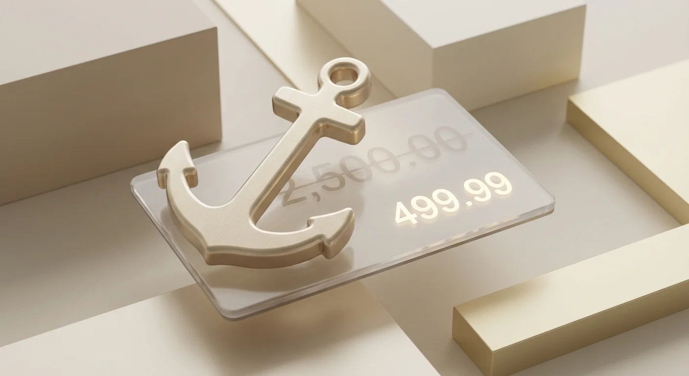 A 3D gold anchor resting on a price tag, symbolizing how initial numbers fixate our financial judgment.