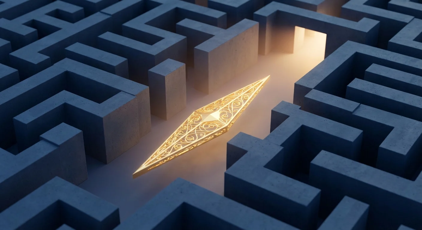A 3D golden compass guiding the way through a geometric maze, representing expert financial advice.