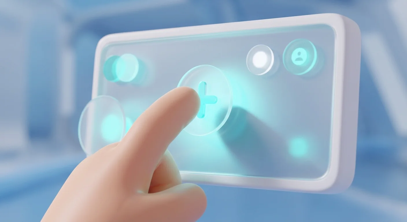 A 3D hand interacting with a glowing plus button on a digital screen.