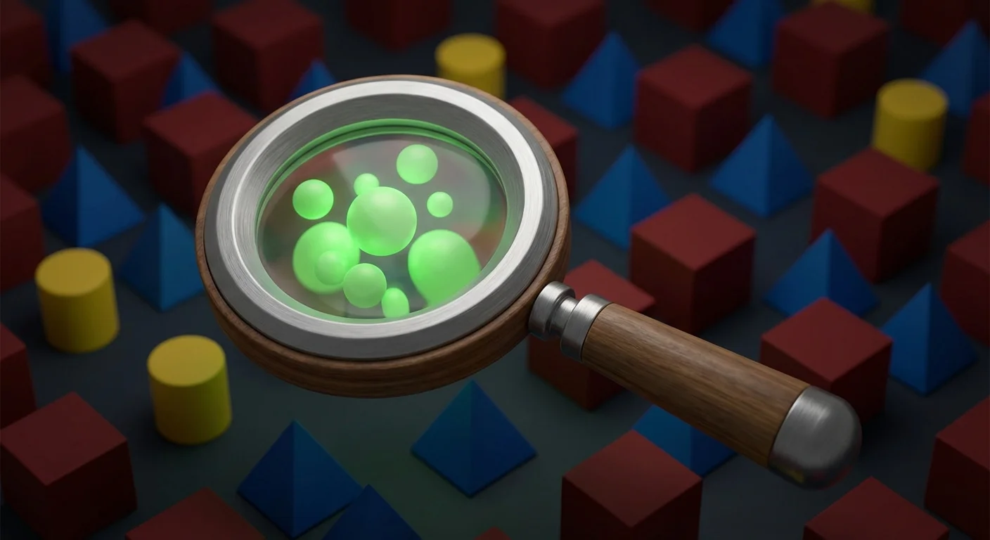 A 3D magnifying glass filtering out certain shapes, representing the selective nature of confirmation bias.