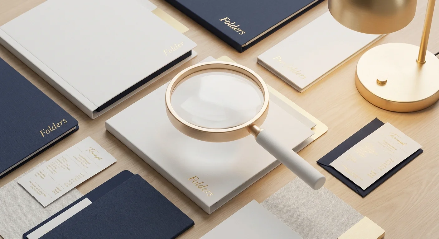 A 3D magnifying glass over organized financial folders and receipts.
