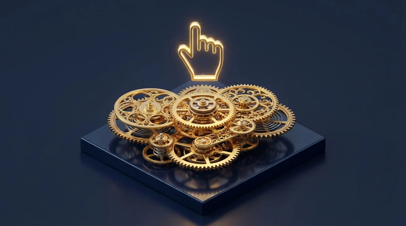 A 3D render of a hand cursor interacting with a complex gold gear system, symbolizing professional financial guidance.