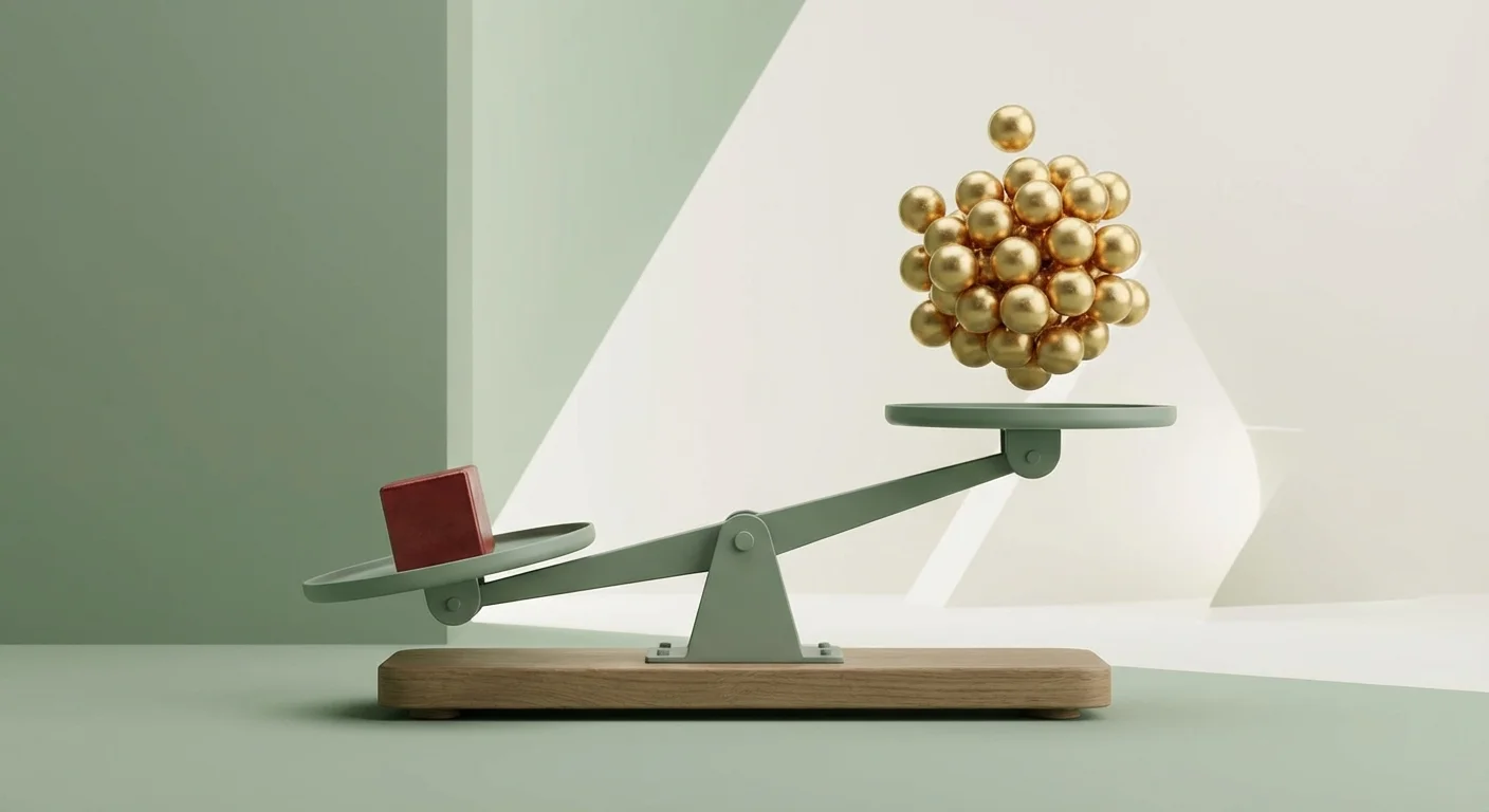 A 3D scale showing a small red loss outweighing a large golden gain, illustrating loss aversion.