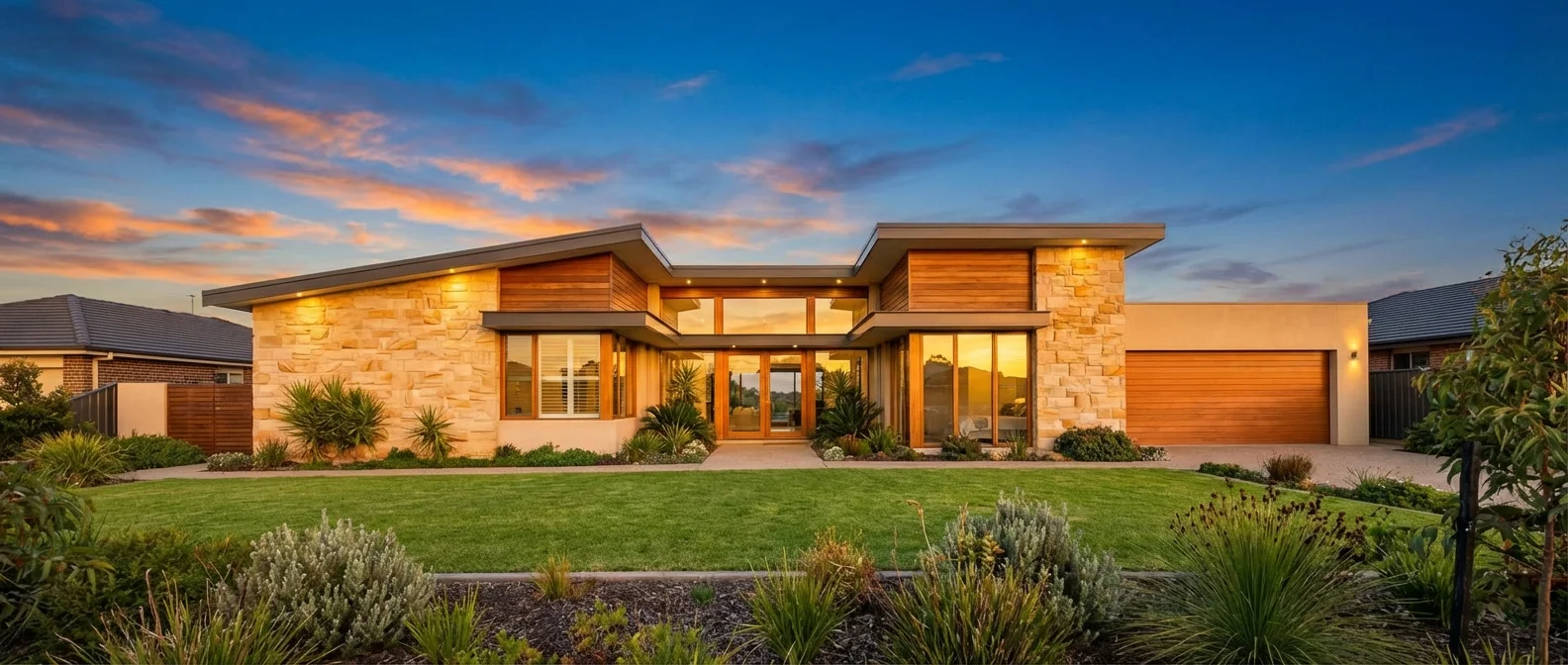 A beautiful, well-maintained suburban home at sunset, representing home insurance.