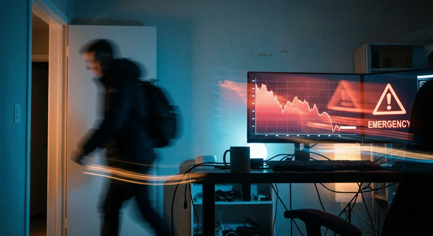 A blurred figure walking away from a computer screen showing a falling stock market graph.
