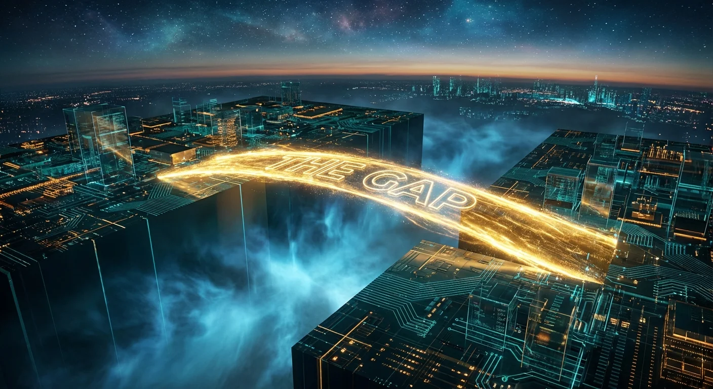 A bridge of golden light connecting two sleek, dark platforms.