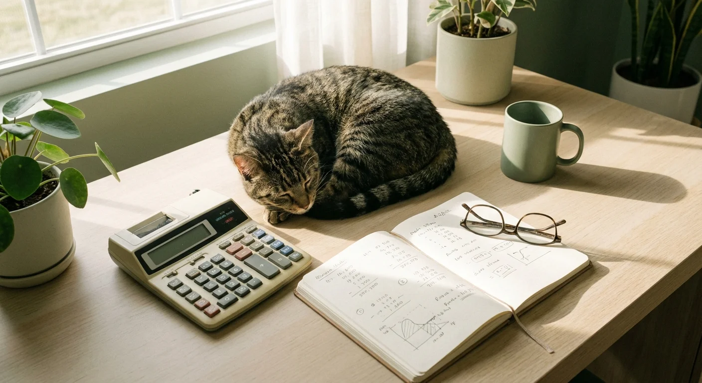 A calculator and notebook sit on a desk next to a sleeping cat, representing financial planning.