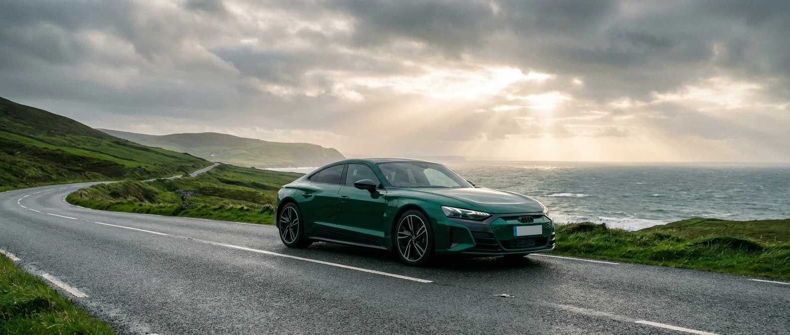 A car parked on a coastal road under a dramatic sky, representing geographic and environmental insurance factors.