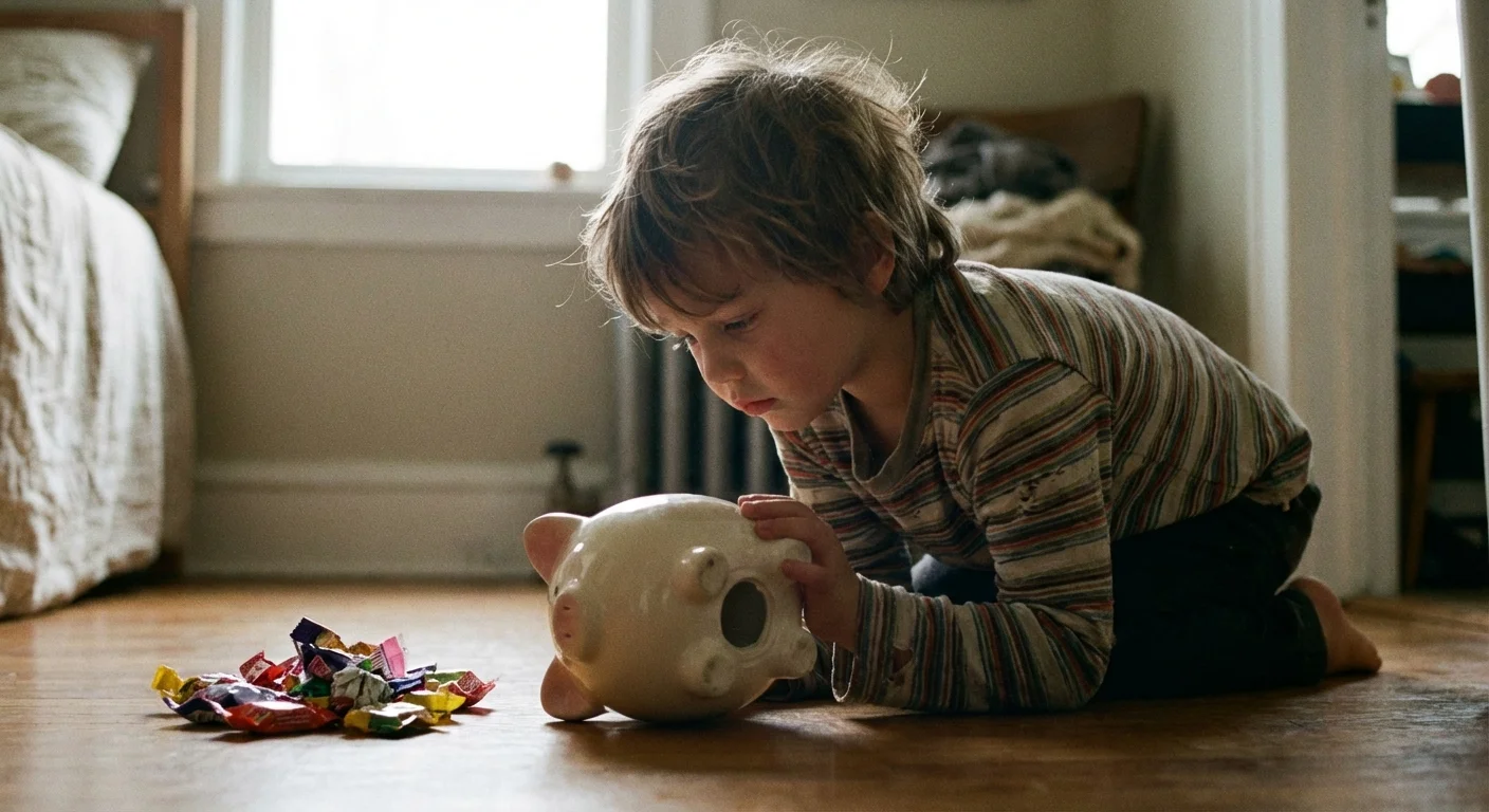 A child looking at an empty piggy bank, representing the natural consequences of overspending.