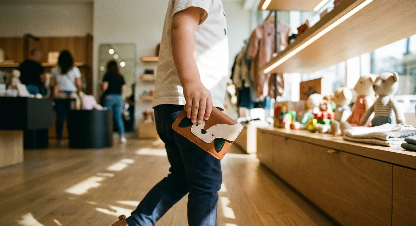 A child's hand holding a wallet while walking through a store.