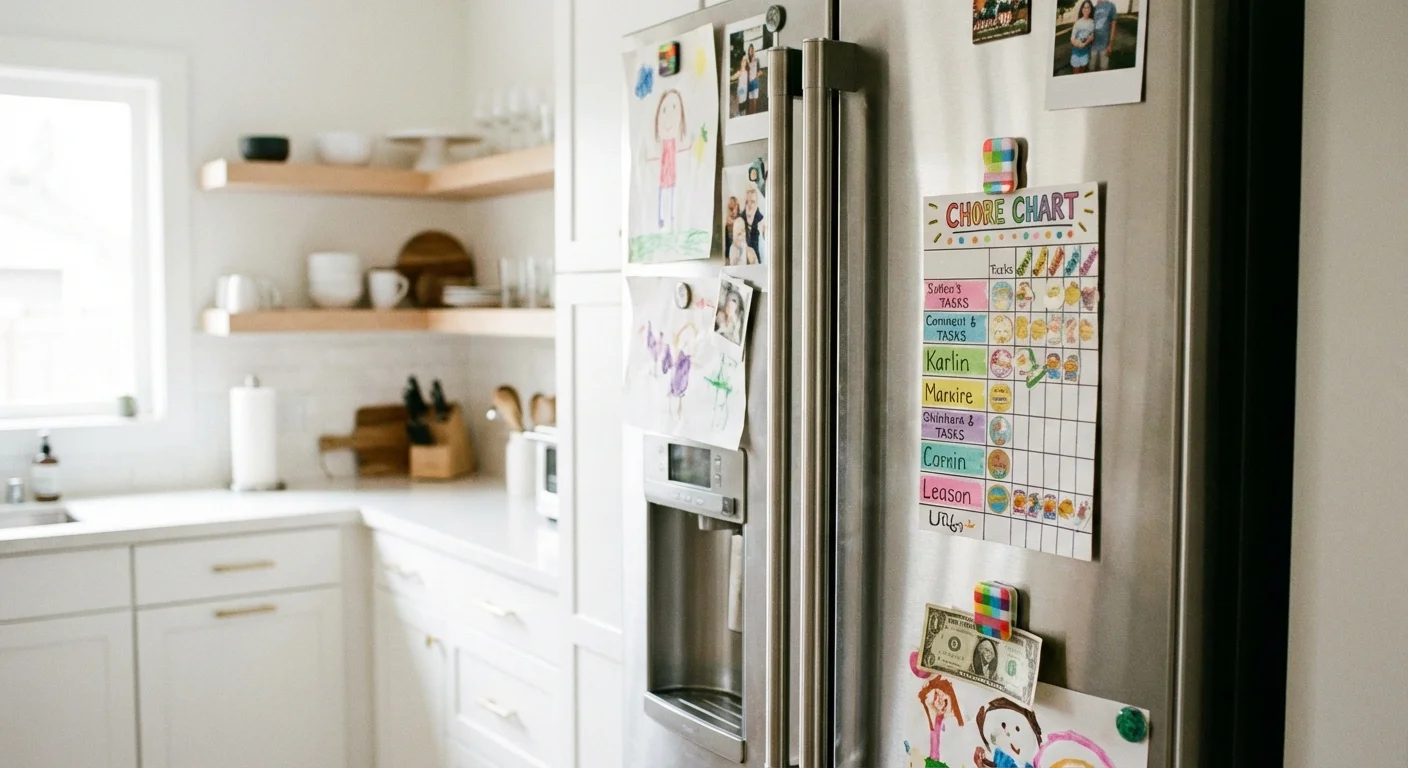 A chore chart and a dollar bill clipped to a modern refrigerator.