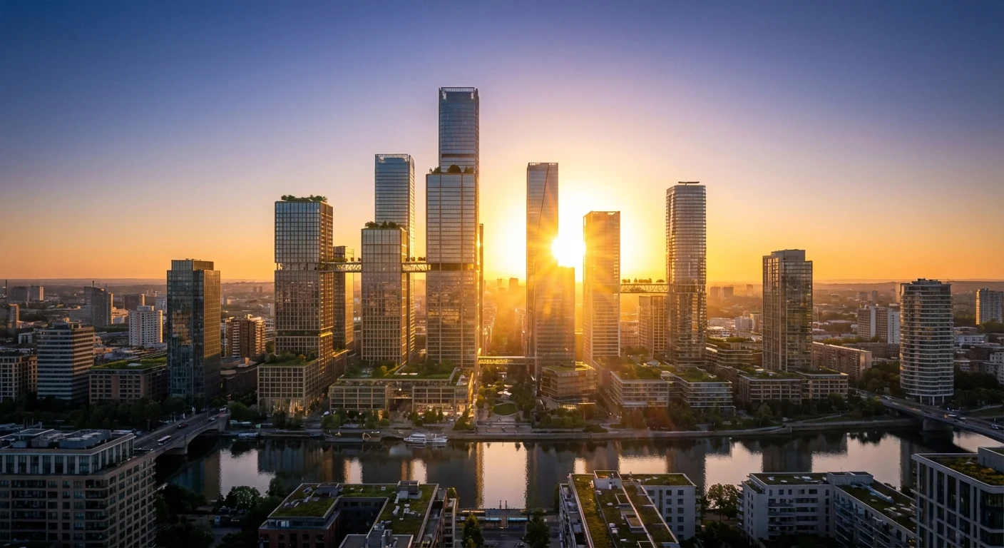 A city skyline at sunrise, symbolizing future changes and new horizons.
