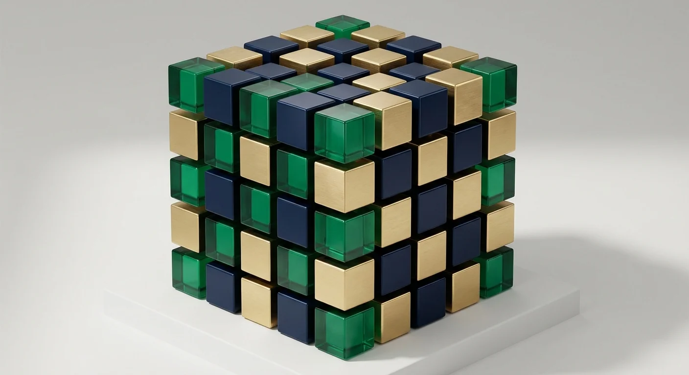 A clean 3D grid of colored cubes in emerald, navy, and gold, representing a logical asset placement guide.