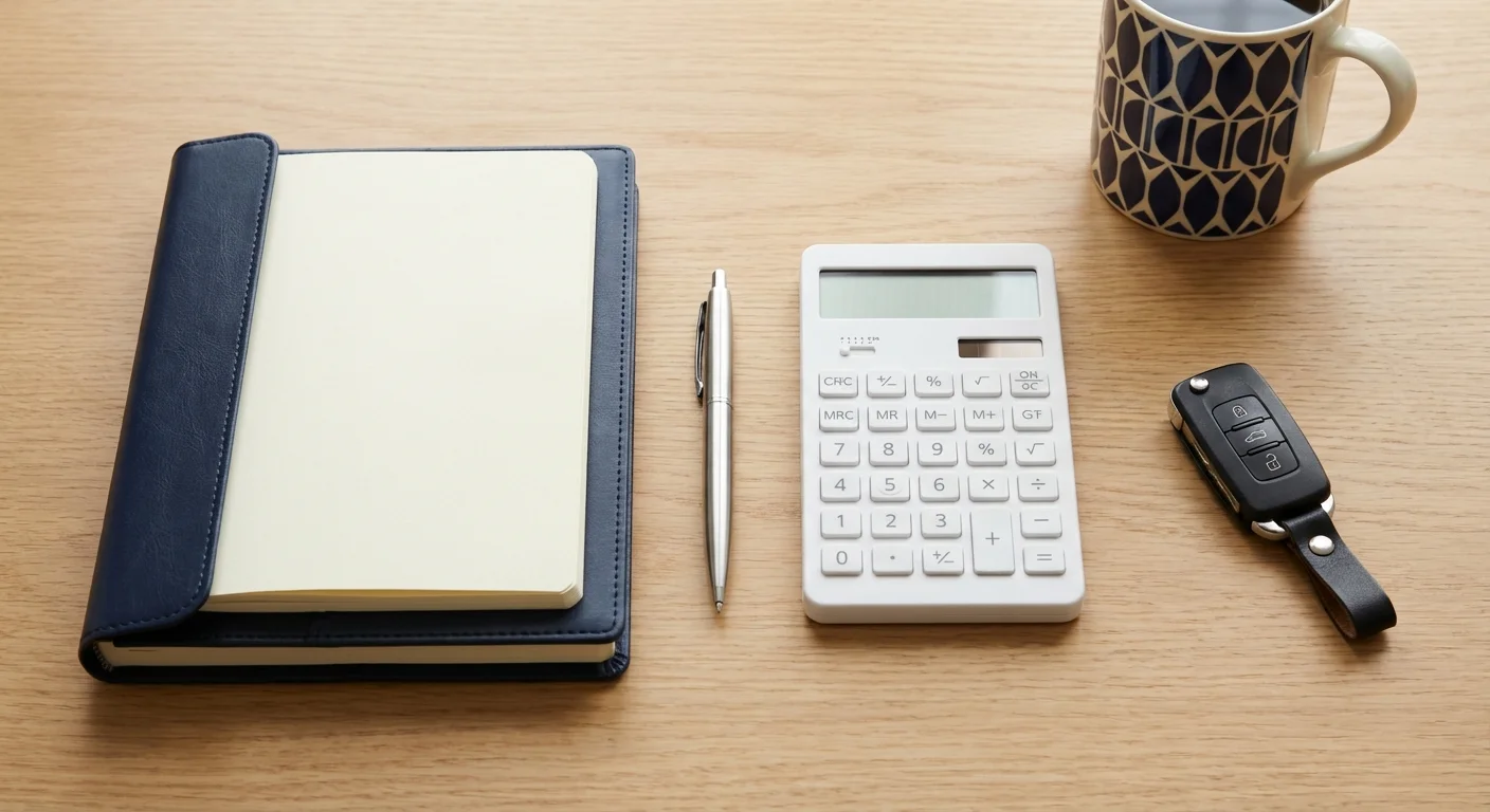 A clean desk with a car key, calculator, and notebook representing financial planning.