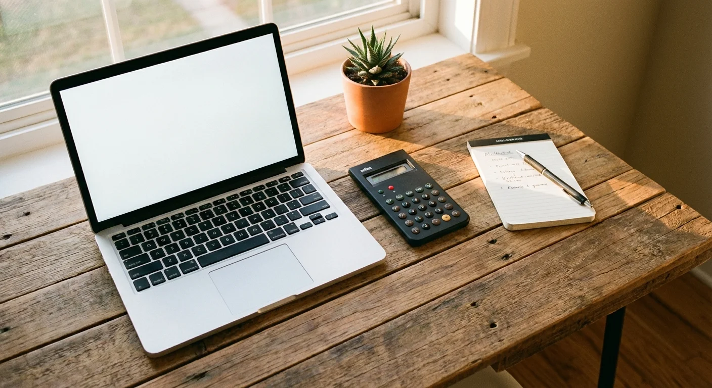 A clean home office desk with a calculator, laptop, and notepad in warm light.