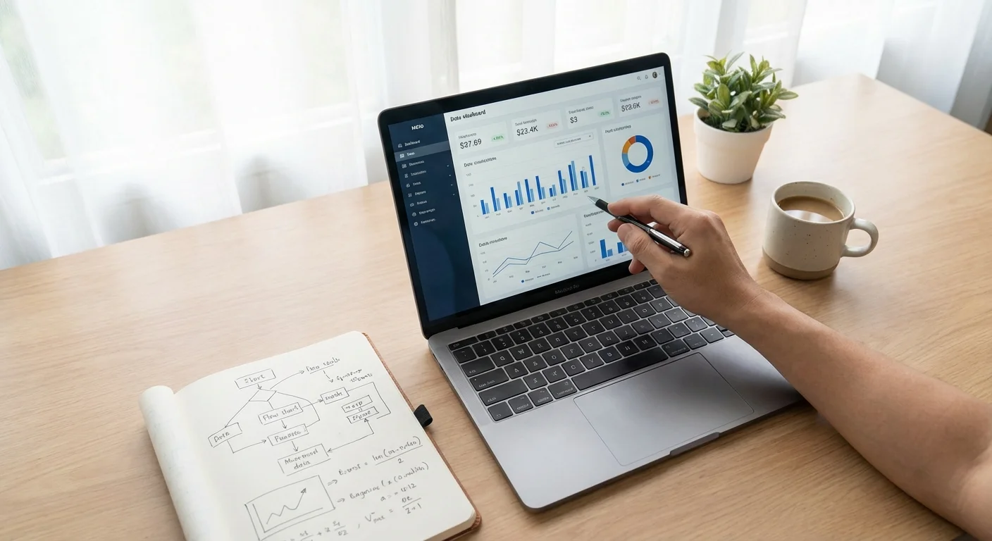 A clean home office desk with a laptop and coffee, showing financial planning.